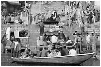 Boat and stone steps, Dasaswamedh Ghat. Varanasi, Uttar Pradesh, India (black and white)