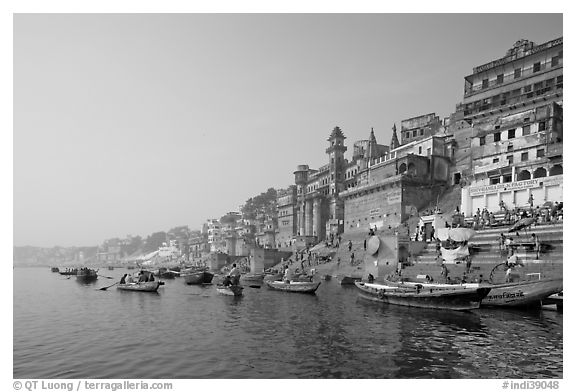 Bathing ghats and Ganga River at sunrise. Varanasi, Uttar Pradesh, India (black and white)