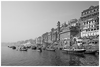 Bathing ghats and Ganga River at sunrise. Varanasi, Uttar Pradesh, India (black and white)