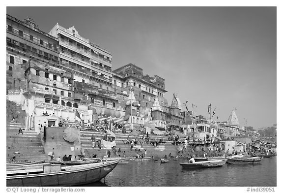 Steps of Ahilyabai Ghat and Ganges River. Varanasi, Uttar Pradesh, India (black and white)
