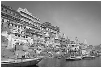 Steps of Ahilyabai Ghat and Ganges River. Varanasi, Uttar Pradesh, India (black and white)