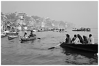Rowboats on Ganges River. Varanasi, Uttar Pradesh, India (black and white)