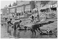 Men washing laundry on Ganga riverbanks. Varanasi, Uttar Pradesh, India (black and white)