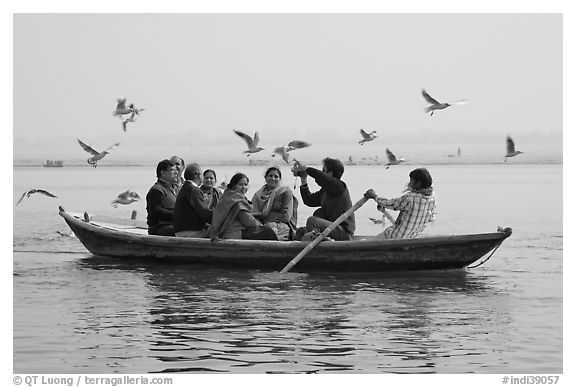 Indian tourists on rawboat surrounded by birds. Varanasi, Uttar Pradesh, India (black and white)