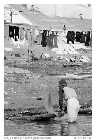 Man beating dirt out of laundry on Ganges riverbank. Varanasi, Uttar Pradesh, India (black and white)