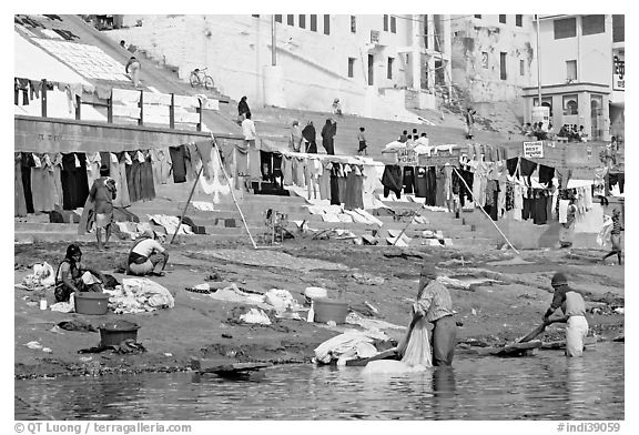 Laundry washed and hanged on Ganges riverbank. Varanasi, Uttar Pradesh, India (black and white)