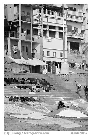 Laundry being dried on steps, Kshameshwar Ghat. Varanasi, Uttar Pradesh, India