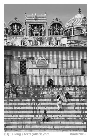 Temple with colorful stripes and steps. Varanasi, Uttar Pradesh, India (black and white)