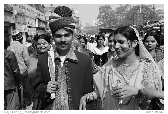 Bride and groom in a street. Varanasi, Uttar Pradesh, India