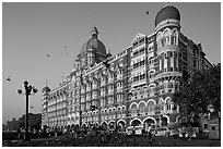 Taj Mahal Palace Hotel and pigeons. Mumbai, Maharashtra, India (black and white)