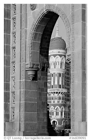 Taj Mahal Palace Hotel seen through arch of Gateway of India. Mumbai, Maharashtra, India