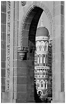 Taj Mahal Palace Hotel seen through arch of Gateway of India. Mumbai, Maharashtra, India ( black and white)