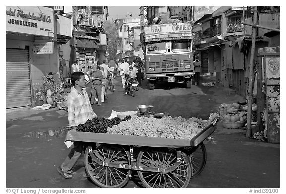 Vegetable vendor pushing cart with truck in background, Colaba Market. Mumbai, Maharashtra, India