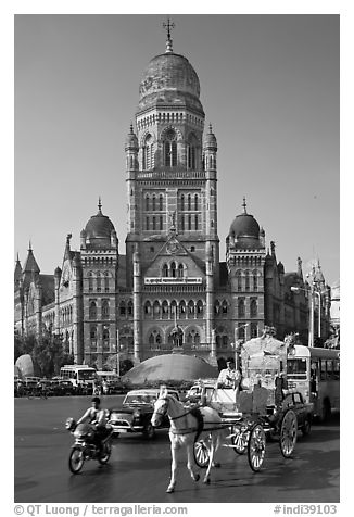 Horse carriage and colonial-area building of Bombay Municipal Corporation. Mumbai, Maharashtra, India (black and white)