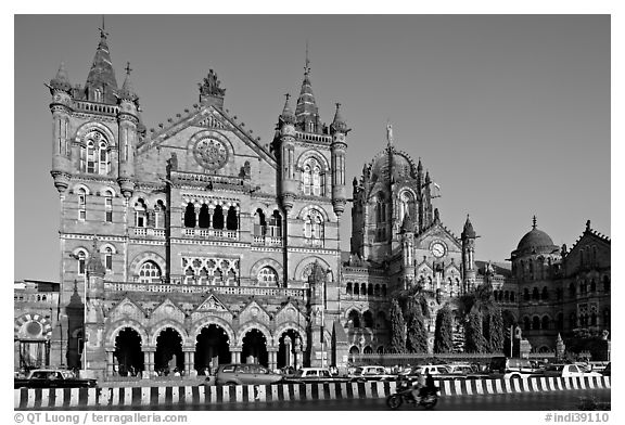 Exhuberant Gothic style of Chhatrapati Shivaji Terminus. Mumbai, Maharashtra, India (black and white)