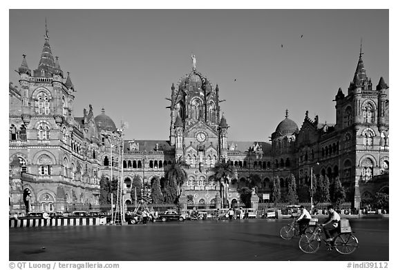 Chhatrapati Shivaji Terminus (Victoria train station), late afternoon. Mumbai, Maharashtra, India (black and white)