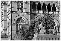 Lion and facade, Chhatrapati Shivaji Terminus. Mumbai, Maharashtra, India (black and white)