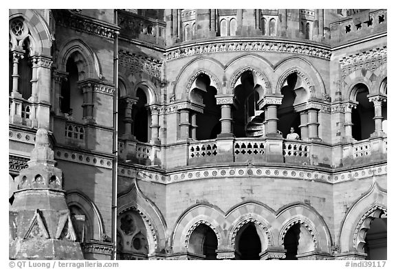 Arched openings on facade, Chhatrapati Shivaji Terminus. Mumbai, Maharashtra, India (black and white)