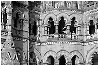 Arched openings on facade, Chhatrapati Shivaji Terminus. Mumbai, Maharashtra, India (black and white)