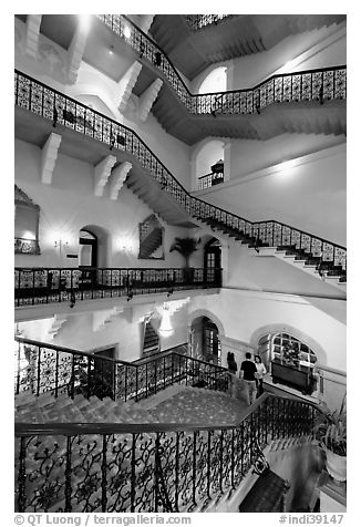 Staircase inside Taj Mahal Palace Hotel. Mumbai, Maharashtra, India (black and white)