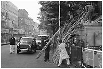 Men loading sugar cane on a street booth. Mumbai, Maharashtra, India (black and white)