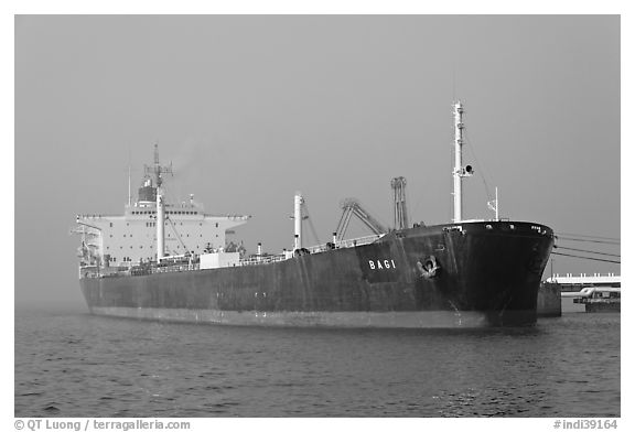 Oil Tanker, Mumbai Harbor. Mumbai, Maharashtra, India (black and white)