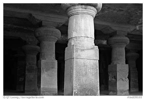 Pilars in main cave, Elephanta Island. Mumbai, Maharashtra, India (black and white)