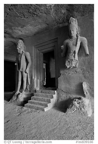 Siva shrine, main  Elephanta cave. Mumbai, Maharashtra, India (black and white)