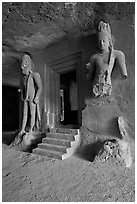 Siva shrine, main  Elephanta cave. Mumbai, Maharashtra, India (black and white)