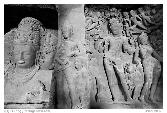 Mahesh Murti and Gangadhara Siva carved in rock, main  Elephanta cave. Mumbai, Maharashtra, India