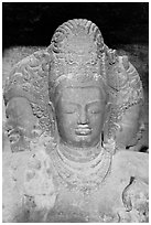 Triple-headed Shiva sculpture, Elephanta caves. Mumbai, Maharashtra, India (black and white)