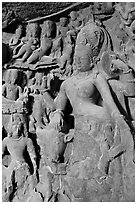 Ardhanarishwar rock-carved sculpture, main Elephanta cave. Mumbai, Maharashtra, India (black and white)