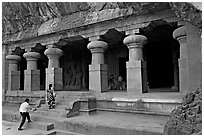 Cave hewn from solid rock, Elephanta Island. Mumbai, Maharashtra, India (black and white)