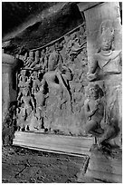 Shiva Shakti rock-carved sculpture, main Elephanta cave. Mumbai, Maharashtra, India (black and white)