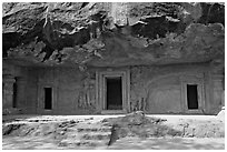 Cave with sculptures and entrances, Elephanta Island. Mumbai, Maharashtra, India (black and white)