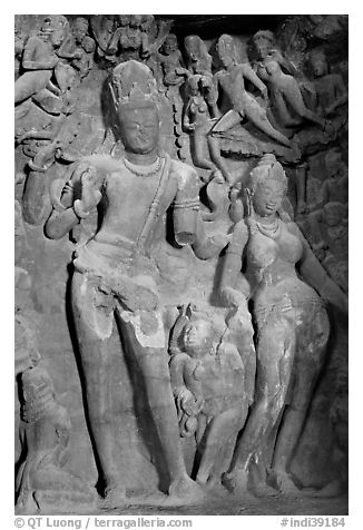 Gangadhara (descent of the Ganges) sculpture, main Elephanta cave. Mumbai, Maharashtra, India (black and white)