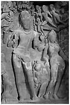 Gangadhara (descent of the Ganges) sculpture, main Elephanta cave. Mumbai, Maharashtra, India (black and white)