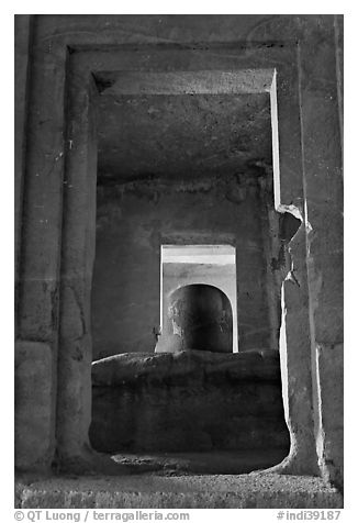 Linga in Sanctorum of Siva shrine, Elephanta caves. Mumbai, Maharashtra, India (black and white)