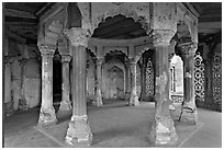 Pilars in octogonal plan inside Jehangiri Mahal, Agra Fort. Agra, Uttar Pradesh, India (black and white)