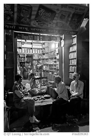 Store by night, Taj Ganj. Agra, Uttar Pradesh, India (black and white)