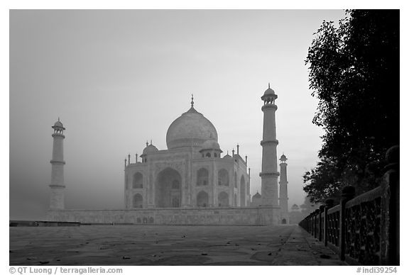 Mausoleum at sunrise, Taj Mahal. Agra, Uttar Pradesh, India (black and white)