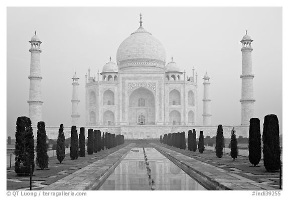 Taj Mahal reflected in watercourse,  sunrise. Agra, Uttar Pradesh, India (black and white)