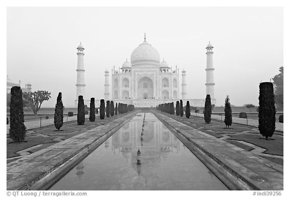 Ornamental gardens and Taj Mahal, sunrise. Agra, Uttar Pradesh, India