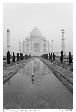 Tomb  reflected in basin, sunrise, Taj Mahal. Agra, Uttar Pradesh, India