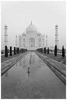 Tomb  reflected in basin, sunrise, Taj Mahal. Agra, Uttar Pradesh, India (black and white)