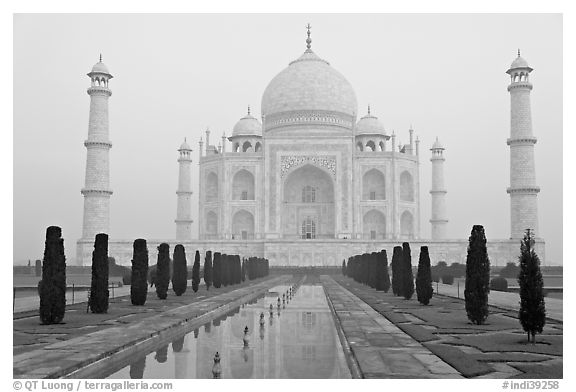 Taj Mahal, charbagh gardens, and watercourse, sunrise. Agra, Uttar Pradesh, India