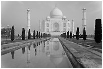 Mughal gardens with watercourse and Taj Mahal. Agra, Uttar Pradesh, India (black and white)