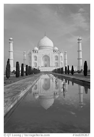 Taj Mahal reflected in basin, morning. Agra, Uttar Pradesh, India (black and white)