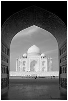 Taj Mahal seen through arch of Jawab, morning. Agra, Uttar Pradesh, India (black and white)