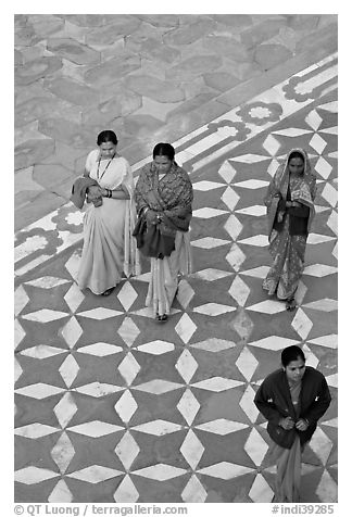 Women walking on decorated terrace, Taj Mahal. Agra, Uttar Pradesh, India